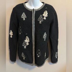TABI Black Mushroom Hand-Embellished  boiled Wool Cardigan Medium